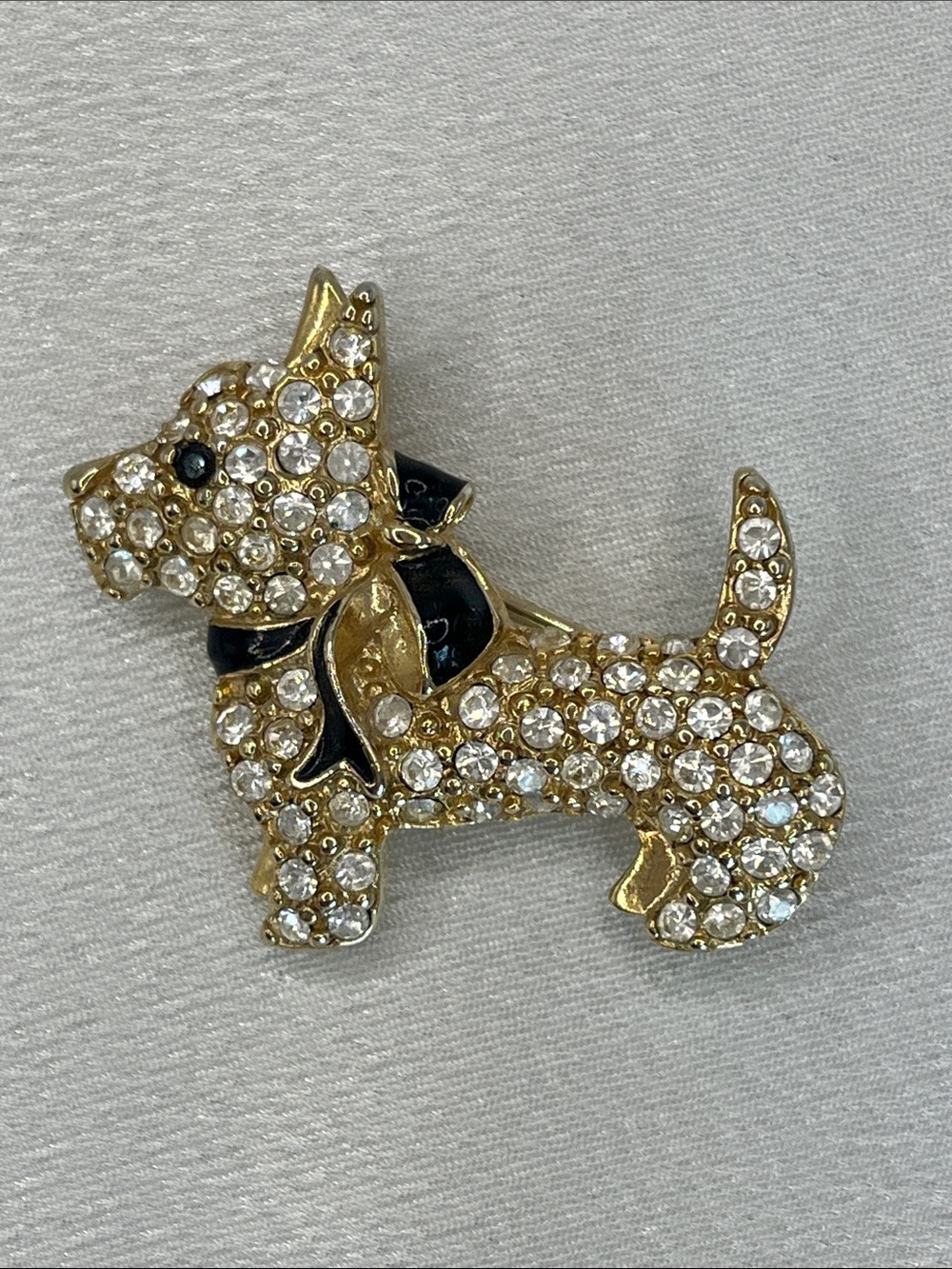 Monet Gold Crystal Scotty Dog Pin with Black Enamel Bow